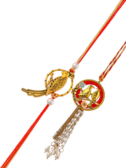 Handcrafted Metal Engraved Chirping Birds Bhaiya Bhabhi Rakhi Set - Only Pair (RP2345)