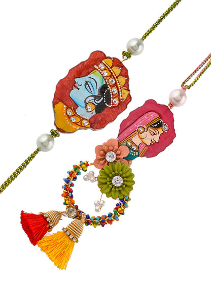 Multi-Colored Embellished Radha-Krishna Bhaiya Bhabhi Rakhi Set - Only Pair (RP2348)