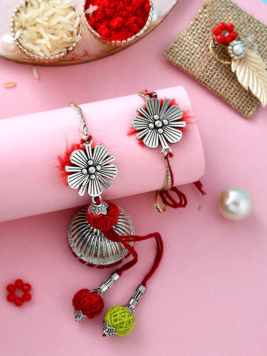 Silver and Red Toned Traditional Resham Bhaiya Bhabhi Rakhi Set - Only Pair (RP2349)