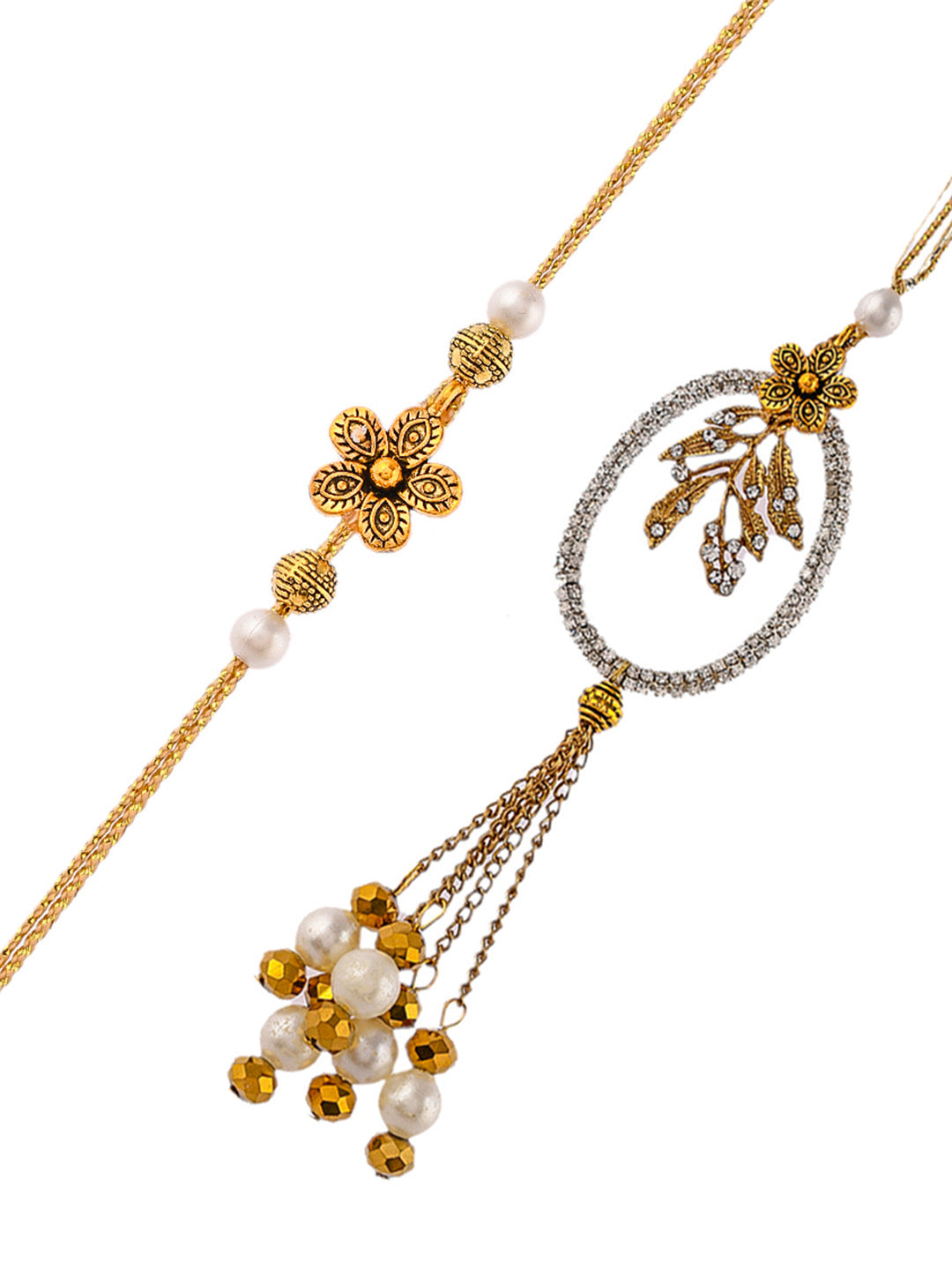 Pearl and Stones Embellished Bhaiya Bhabhi Rakhi with Danglers - Only Pair (RP2351)