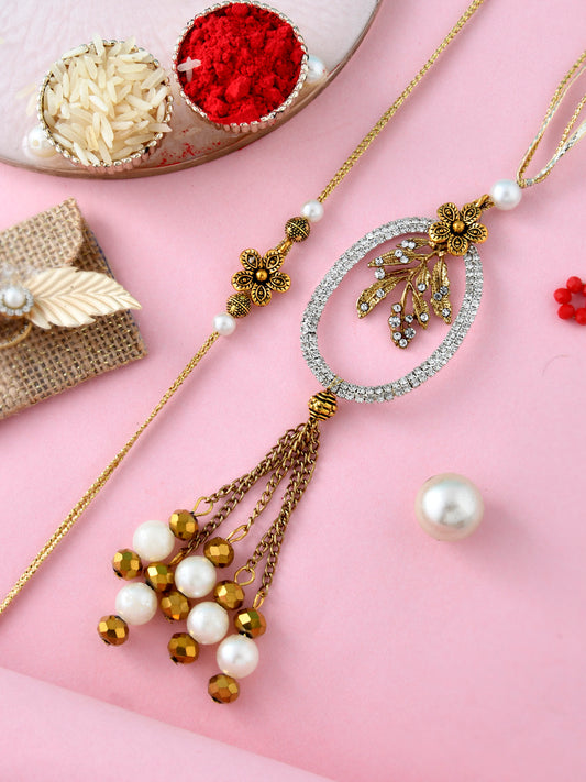 Pearl and Stones Embellished Bhaiya Bhabhi Rakhi with Danglers - Only Pair (RP2351)