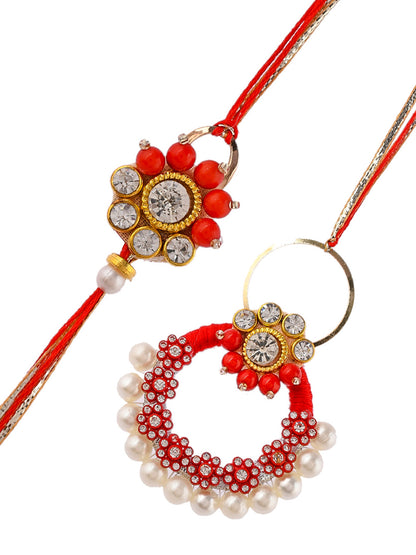 Red & White Pearl Crafted Fine Jeweled Bhaiya Bhabhi Rakhi Set - Only Pair (RP2354)