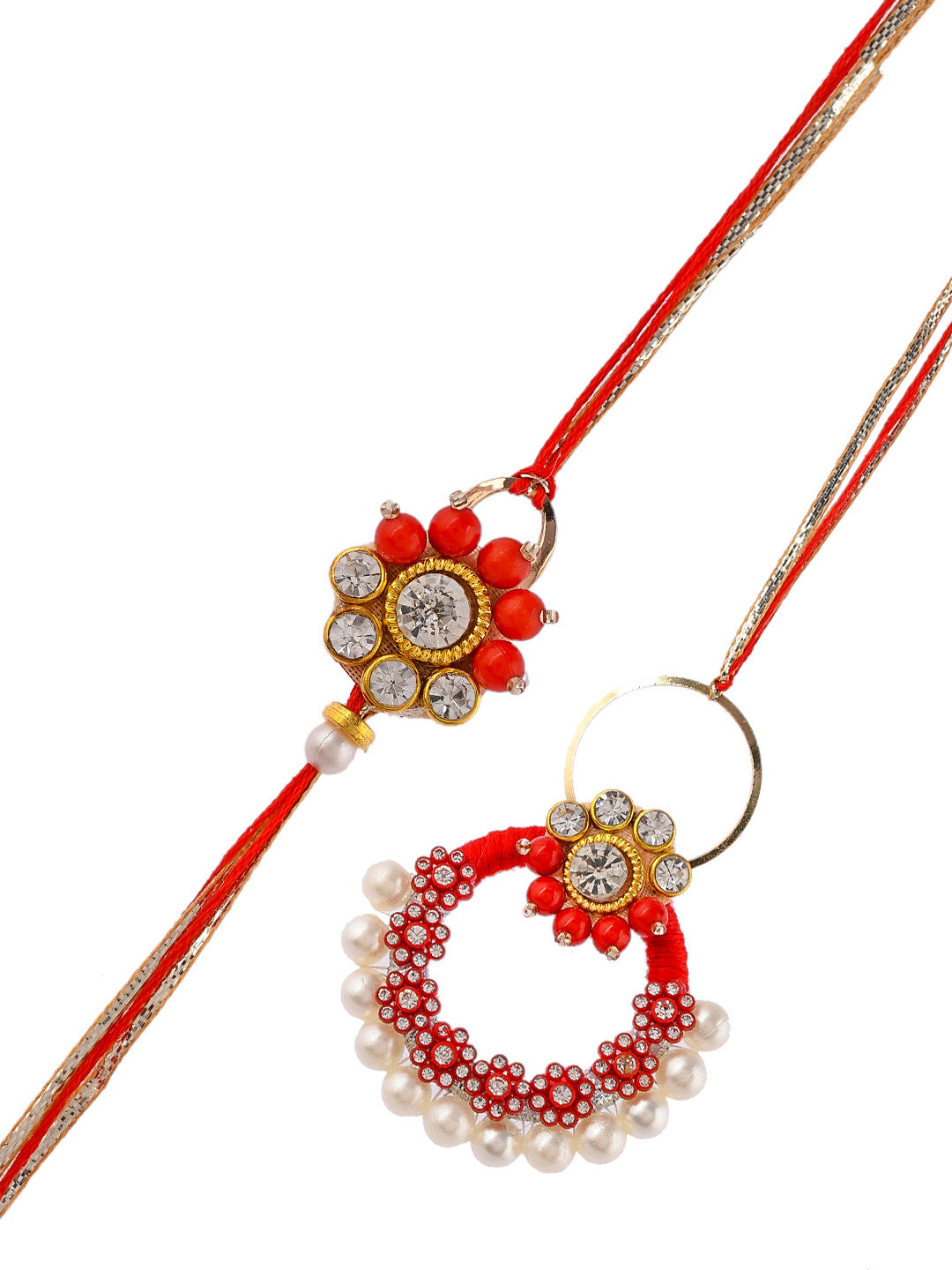 Red & White Pearl Crafted Fine Jeweled Bhaiya Bhabhi Rakhi Set - Only Pair (RP2354)