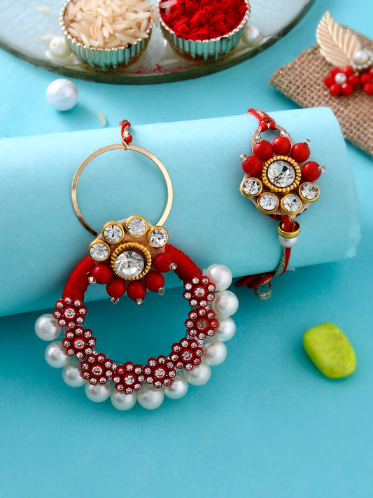 Red & White Pearl Crafted Fine Jeweled Bhaiya Bhabhi Rakhi Set - Only Pair (RP2354)