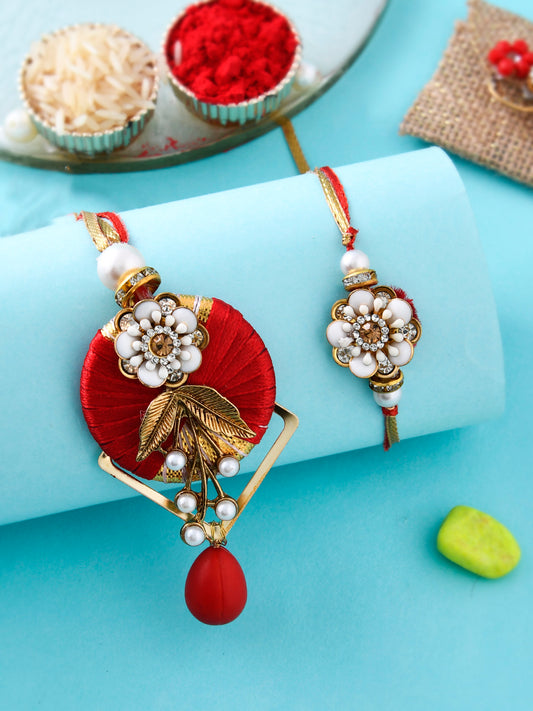 Red and Gold Traditional Bhaiya Bhabhi Rakhi Set with Designer Work - Only Pair (RP2356)