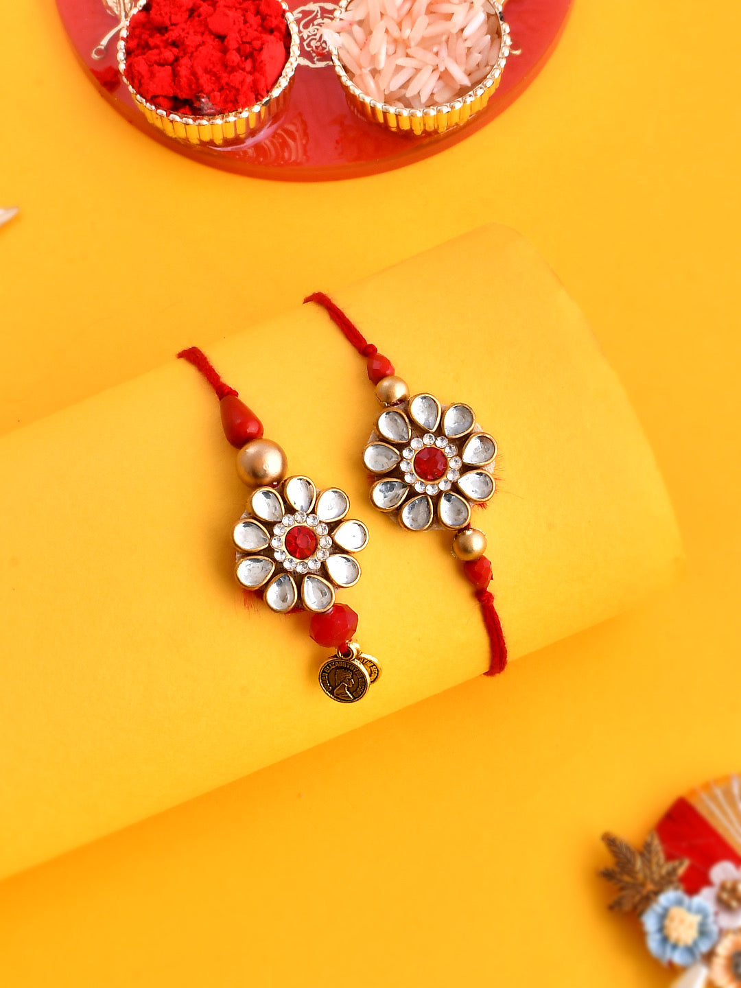 Kundan & Floral Crafted Bhaiya Bhabhi Rakhi Set. - Only Rakhi (RP2362)