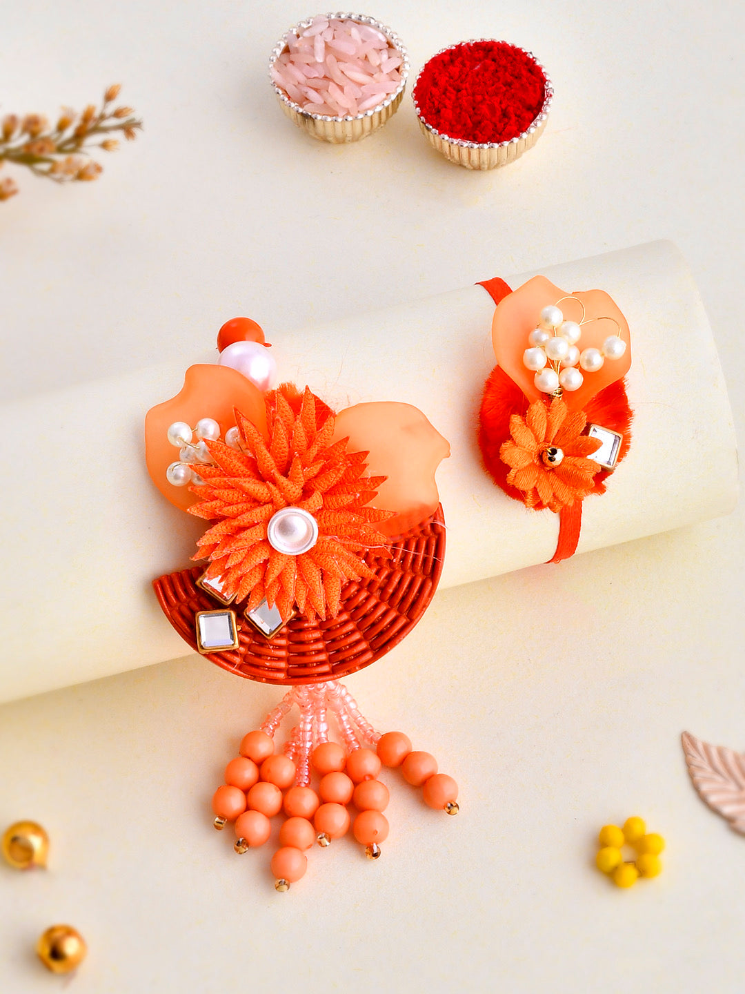 Scarlet Red Quirky & Pearly Embellished Bhaiya Bhabhi Rakhi Set. - Only Rakhi (RP2365)