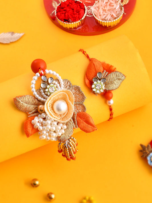Zari Work Dazzling Pearl Bhaiya Bhabhi Rakhi Set. - Only Rakhi (RP2366)