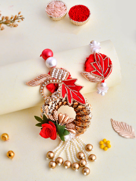 Multi Embellished & Crafted Bhaiya Bhabhi Rakhi Set with Pearl Danglers. - Only Rakhi (RP2370)