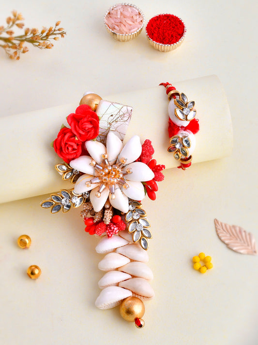 Shell & Kundan Crafted Vibrant Bhaiya Bhabhi Rakhi Set. - Only Rakhi (RP2371)