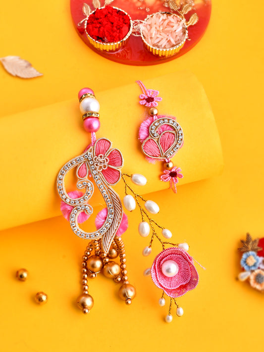 Swarovski Studded With Extended Pearl Stem Pink Bhaiya Bhabhi Rakhi Set. - Only Rakhi (RP2374)