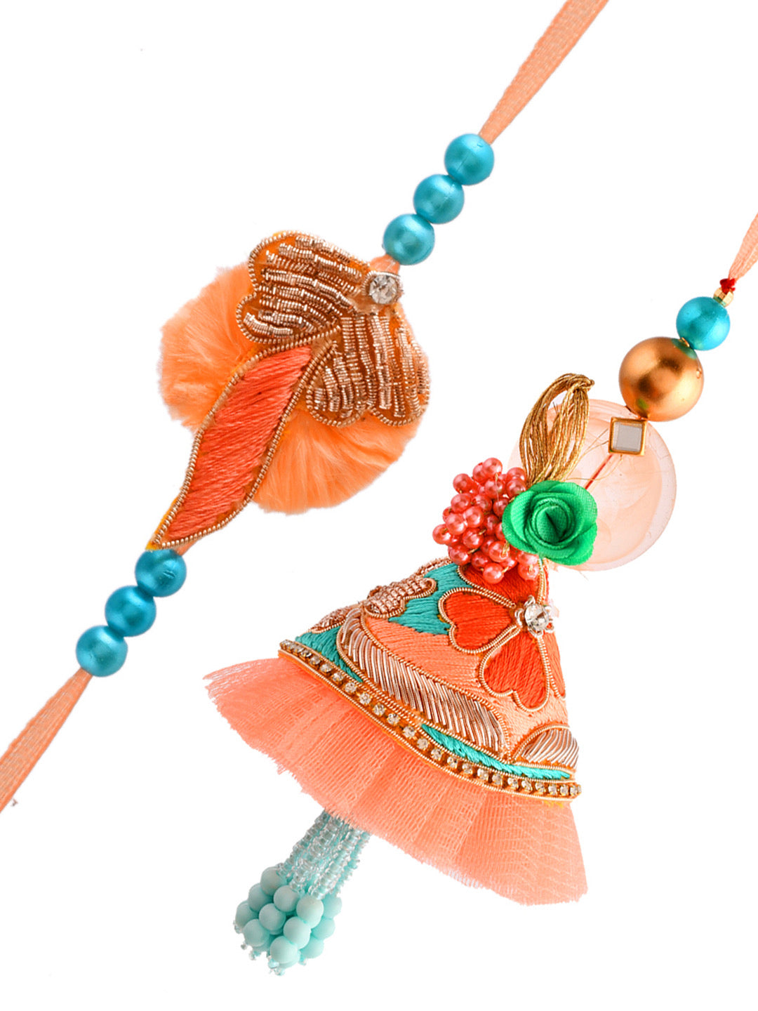 Net Embellished Pastel Resin Bhaiya Bhabhi Rakhi Set With Dropped Pearl Chain. - Only Rakhi (RP2381)