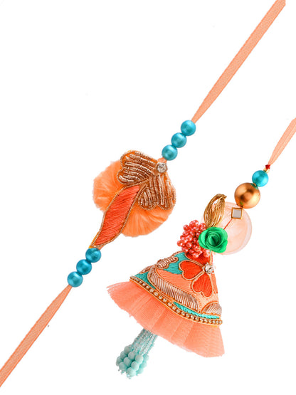 Net Embellished Pastel Resin Bhaiya Bhabhi Rakhi Set With Dropped Pearl Chain. - Only Rakhi (RP2381)