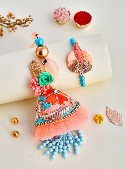 Net Embellished Pastel Resin Bhaiya Bhabhi Rakhi Set With Dropped Pearl Chain. - Only Rakhi (RP2381)