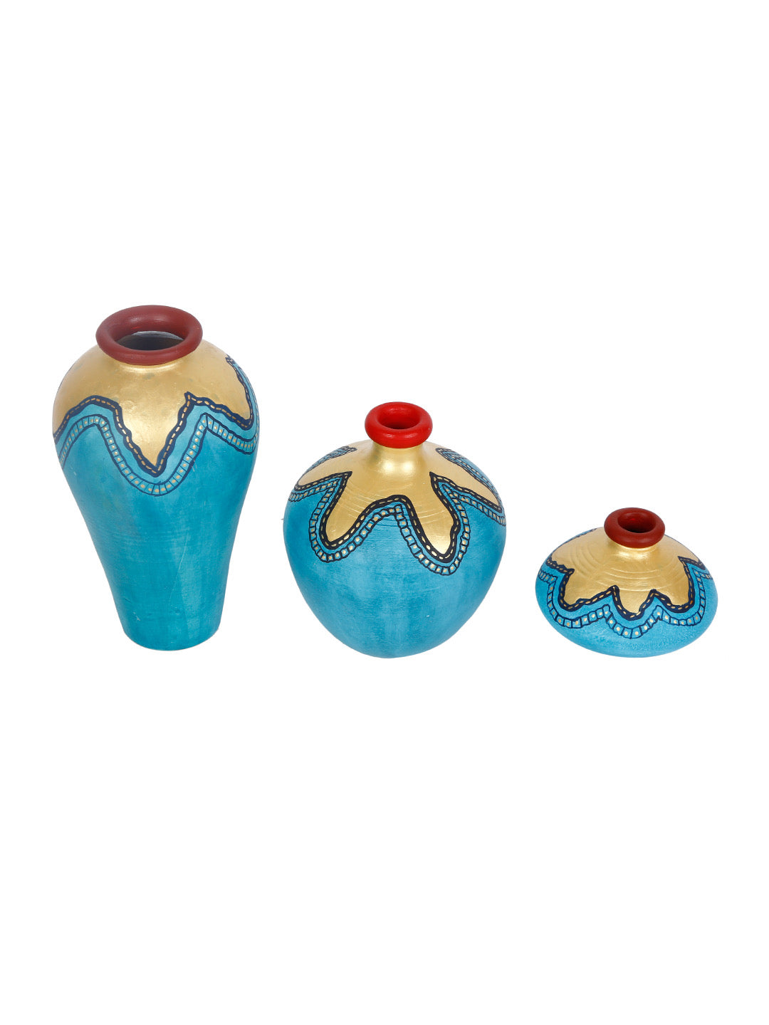 Blue Hand-painted Terracotta Pots Set of 3 - Default Title (TCVASA2103_3)