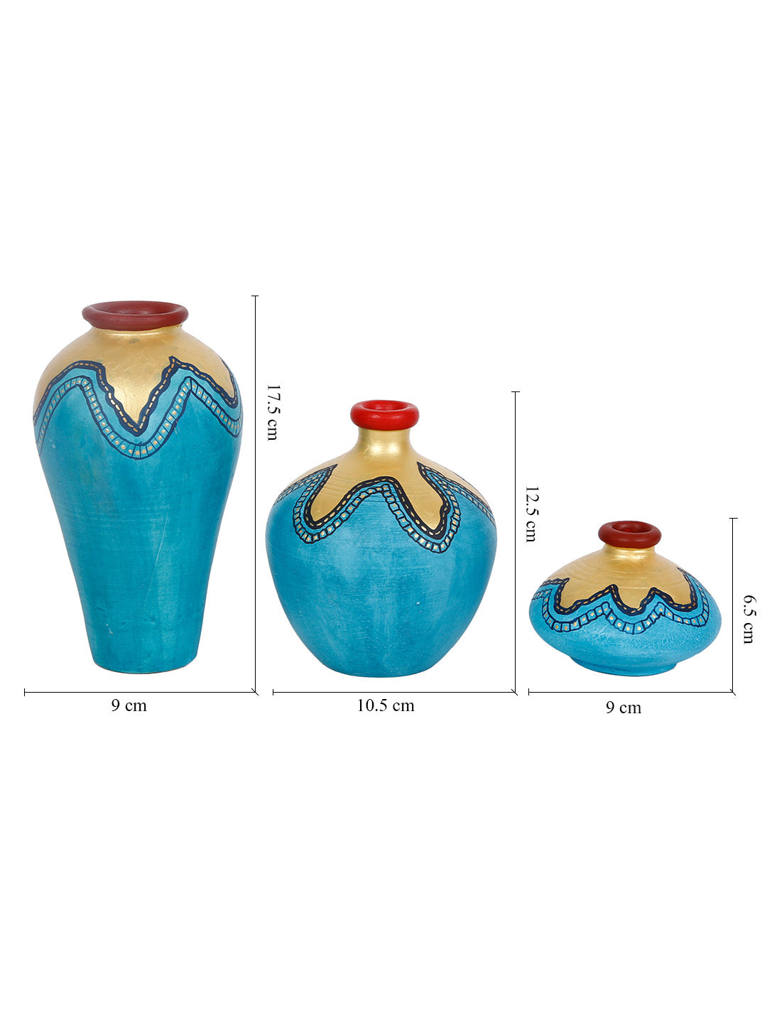 Blue Hand-painted Terracotta Pots Set of 3 - Default Title (TCVASA2103_3)