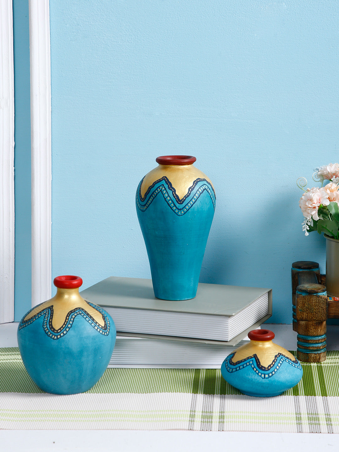 Blue Hand-painted Terracotta Pots Set of 3 - Default Title (TCVASA2103_3)