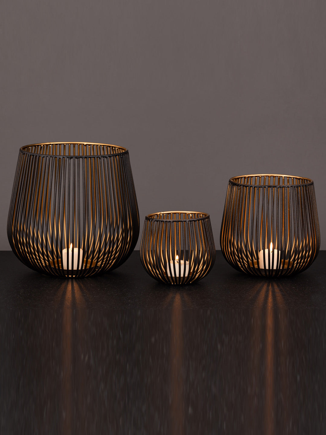 Set of 3 Black and Gold Metal Candle Holder