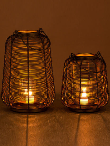 Set of 2 Black and Gold Metal Hurricane Lantern With Glass Pipe