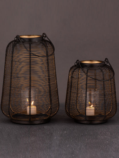 Set of 2 Black and Gold Metal Hurricane Lantern With Glass Pipe
