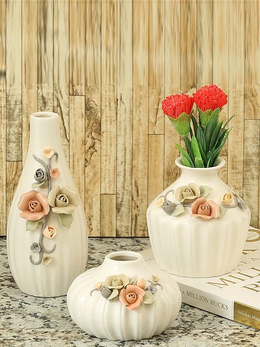 Delicately Handcrafted Floral Design Ceramic Vase Set Of 3 - Default Title (VAS18199_3)