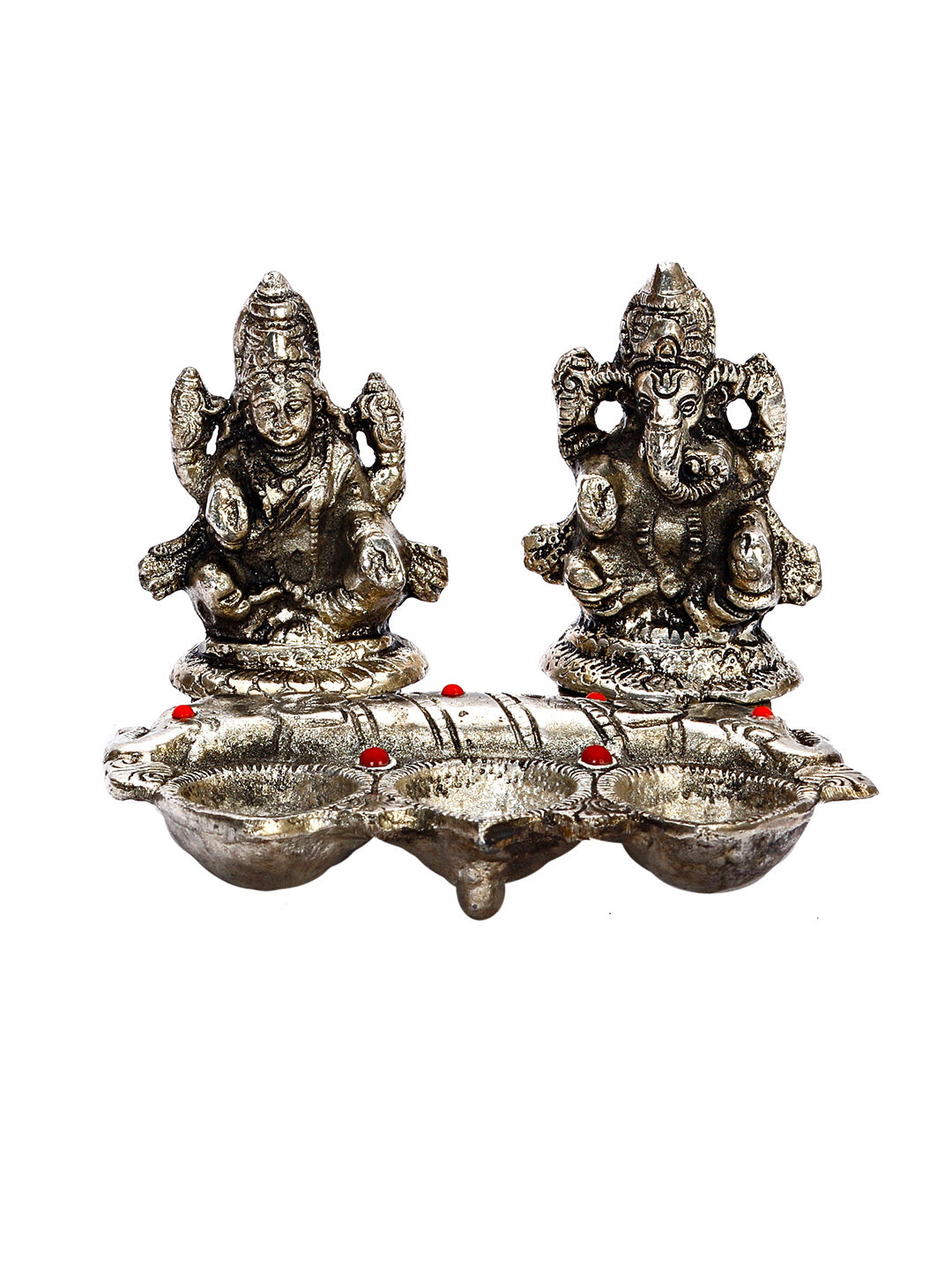 Metal Finish Laxmi Ganesh with 3 Diyas in front - Default Title (WHM15311)