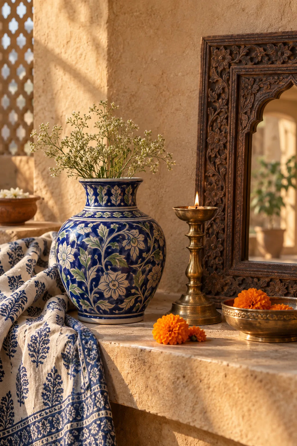 Illustrative vignette with Indian craft-inspired decor